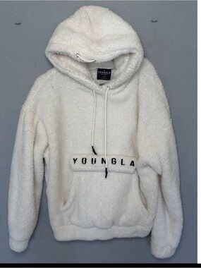 YoungLA Cream Sherpa Pullover Hoodie with Black Logo